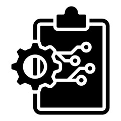 Automation - Glyph Black Fill Icon Silhouette - clipboard with gear and circuit, symbolizing planning in tech, automation, and digital strategy
