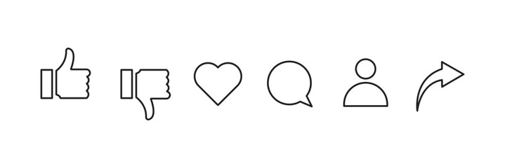 Icons like comment, share, love, user, like, dislike media button. Outline icon heart arrow direct message interface message minimalist