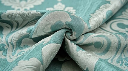 Teal fabric with ornate, embossed floral design.