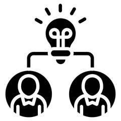 Group Idea - Glyph Black Fill Icon Silhouette - three people connected under a shared lightbulb, symbolizing group thinking or collaborative planning