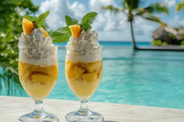 Two glasses of mango dessert topped with whipped cream and mint.