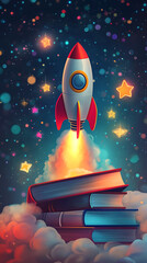 A colorful rocket launching from a stack of books into a starry night sky, symbolizing imagination