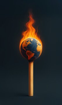 Burning matchstick with Earth globe as match head engulfed in flames on dark studio background. Climate change, global warming, and environmental crisis concept. Front view composition with copy space