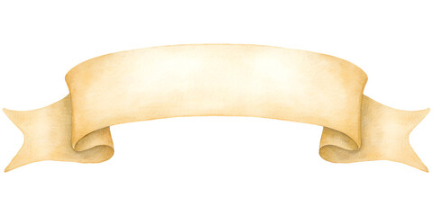 Watercolor parchment banner with rolled edges on transparent background.