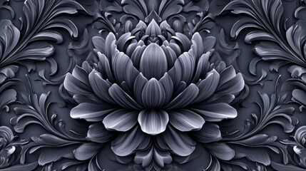 Ornate, dark gray floral design on a patterned background.