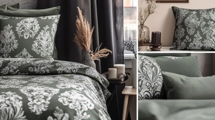 Elegant, dark gray bedding set with damask pattern.