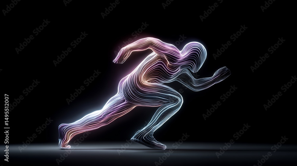 Poster abstract neon glowing running figure against a dark background displaying speed