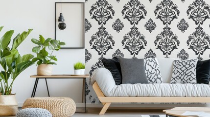 Stylish living room with patterned wallpaper and furniture.