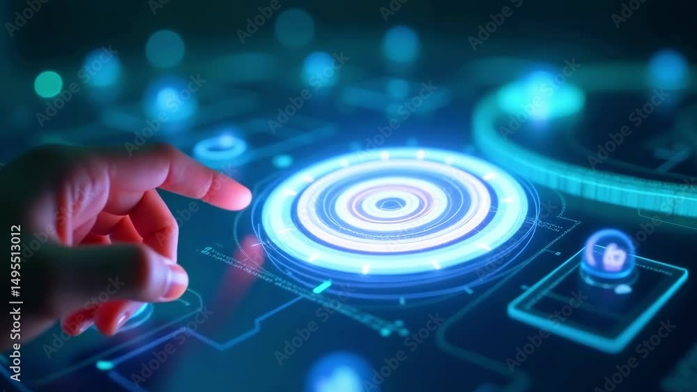 Poster futuristic hand interacting with a glowing touchscreen interface displaying digital data and icons