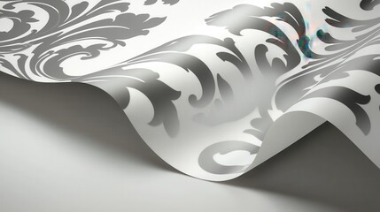 Elegant damask wallpaper pattern, showcasing a design in shades of gray and white.