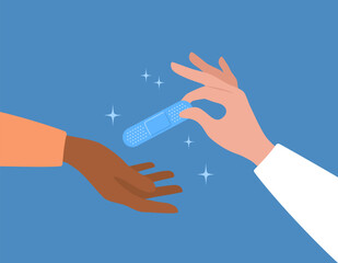 Two hands - doctor giving a medical plaster to a patient. Flat vector illustration