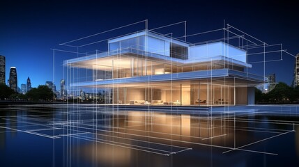 Obraz premium Modern Architectural Design of a Luxury Waterfront House at Night City Skyline
