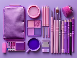 flat lay of AI-driven fashion design tools like digital sketchpad, textured surface, minimalist style, bright studio lighting, vibrant purple and silver tones, top-down view 