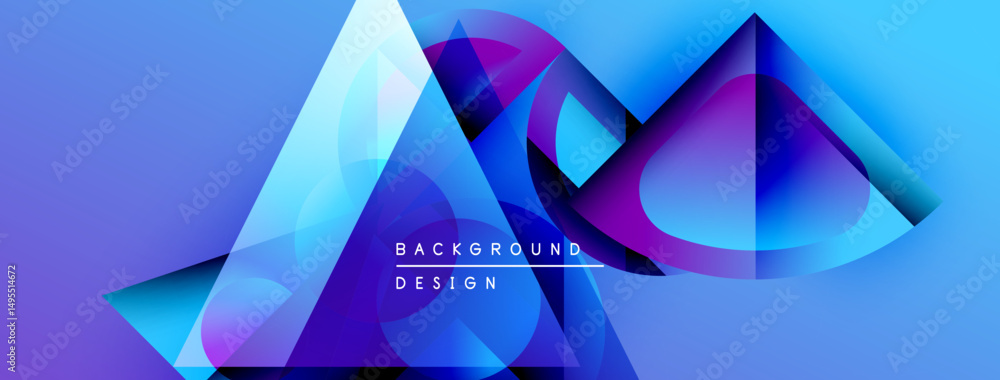 Poster abstract geometric shapes overlap, creating vibrant blue, purple gradients. modern design elements s