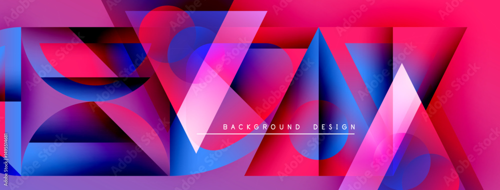 Poster abstract geometric shapes, vibrant pinks, blues create dynamic background. modern design elements su