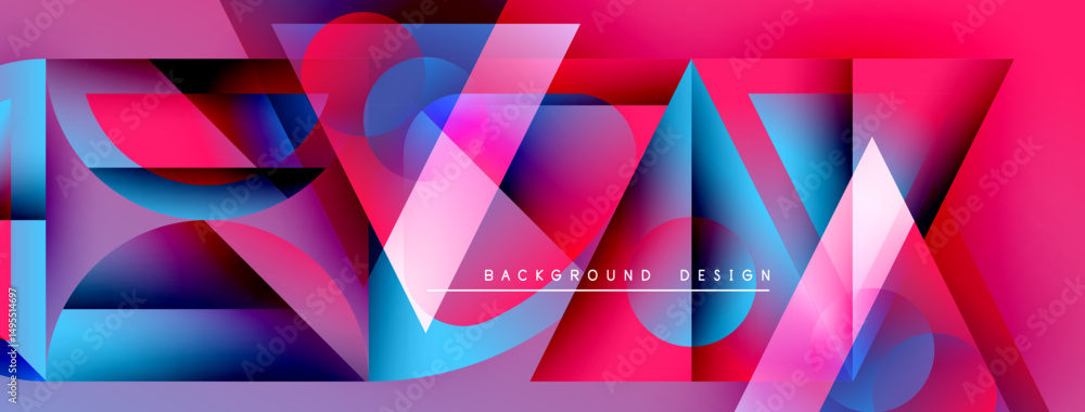 Poster Abstract geometric shapes overlap, creating vibrant pinks, blues. Modern design features text background design. Dynamic composition.
