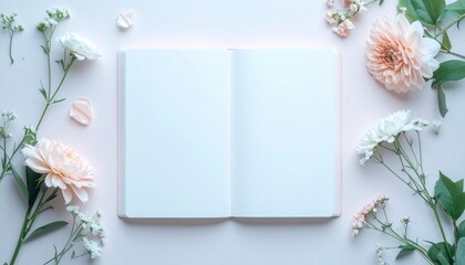 Open book with a blank page surrounded by flowers greeting card