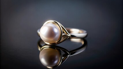 Elegant Pearl Ring with Gold Setting on Dark Reflective Surface