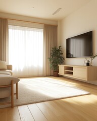 A sunlit, neutral-toned living room interior design.