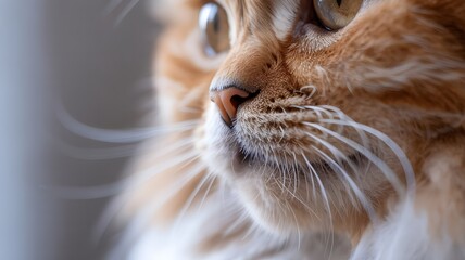 A close-up portrait of a ginger cat with intense eyes and elegant whiskers