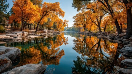 Obraz premium Vibrant autumn foliage reflects in tranquil lake surrounded by golden trees in a serene landscape