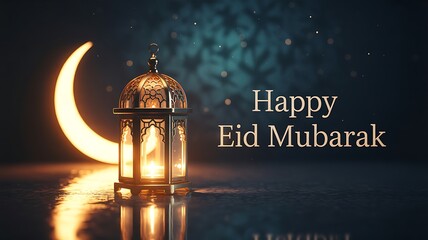 Glowing Eid Lantern and Crescent Moon with Happy Eid Mubarak Text on Dark Blue Festive Background