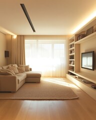 Fototapeta premium Modern living room interior design with neutral tones.