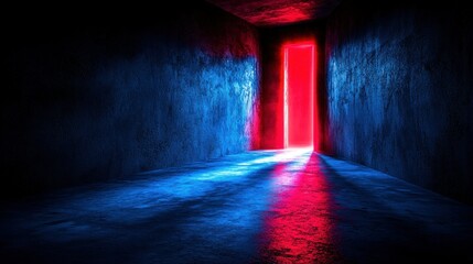 Neon-lit corridor with a red door