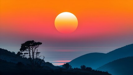 Fototapeta premium Sunset landscape with silhouettes of trees and mountains against the sky, evoking a sense of tranquility and natural beauty