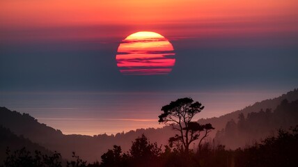 A stunning sunset over a mountain range with a single tree silhouette in the foreground, painting the sky with vibrant colors.