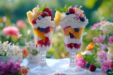 Colorful layered dessert in a glass goblet.