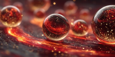 Abstract wallpaper with glowing molten lava textures and transparent glass spheres filled with gold particles, set against a dark flowing background