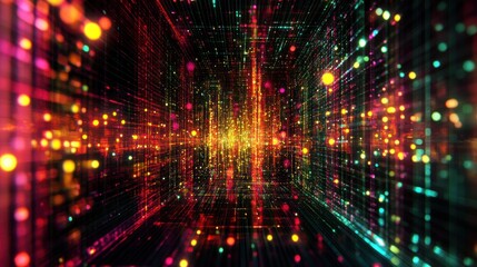Abstract digital space with glowing particles and lines.