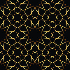 Seamless geometric pattern of stars. Gold on black background. Vector illustration.
