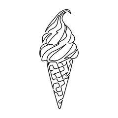 Ice cream cone line drawing. Hand-drawn soft serve line art. Hand drawn vector illustration with editable stroke. Isolated on transparent background.