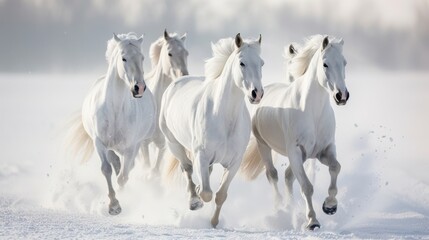 arabian white horses gallop in winter snow