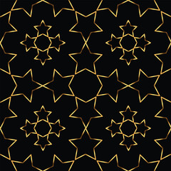 Seamless geometric pattern of stars. Gold on black background. Vector illustration.