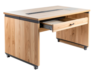 Light brown wooden desk with a drawer.