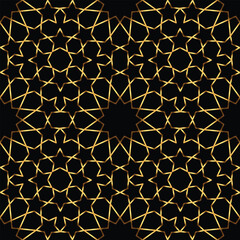 Seamless geometric pattern of stars. Gold on black background. Vector illustration.