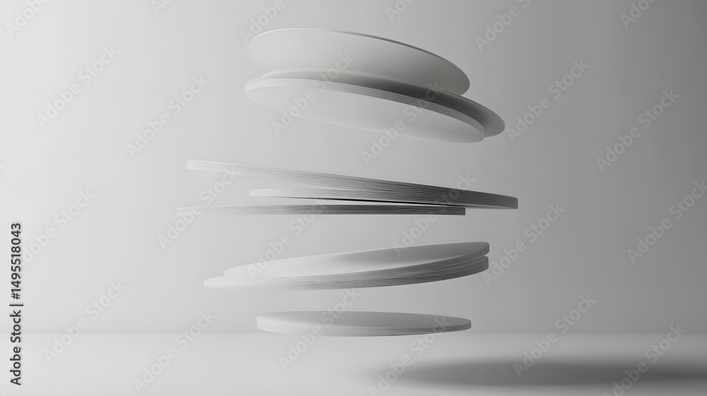 Poster abstract design of layered, floating discs in a minimalist style.