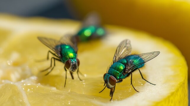 Macro close-up of multiple iridescent green and blue flies feeding on ripe fruit surface, highlighting insect details, hygiene risks, pest behavior, the natural interaction of bugs with food sources.