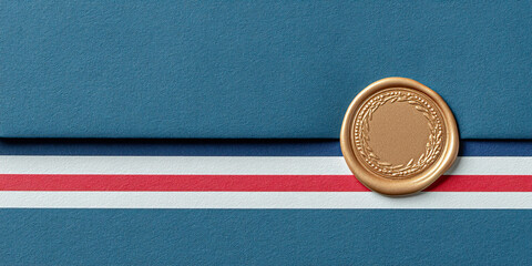 Envelope with red and white stripes sealed with elegant gold wax stamp on blue textured paper background