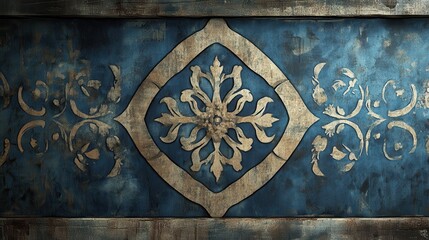 Ornate, decorative panel with intricate, gilded patterns on a dark blue background.