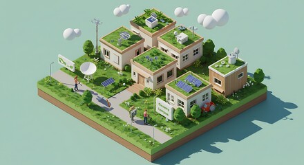 An isometric voxel art illustration of a modern, eco-conscious small village featuring smart farm elements, green roofs, solar panels, and advanced technology.