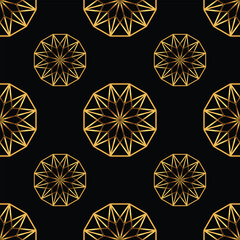 Seamless geometric pattern of stars. Gold on black background. Vector illustration.