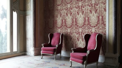 Elegant interior design with crimson upholstery and ornate wallpaper.