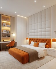 Modern bedroom design with warm orange accents.