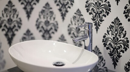 Modern bathroom sink and faucet against patterned wallpaper.