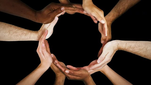 Holding Hands, Teamwork In Synergy. Multiethnic Hands Forming A Circle, Connection, Collaboration, Community, Motivation, Success, Trust, Cooperation. Alpha Matte.