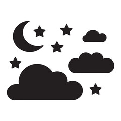 Clouds, stars, and moon in outline — perfect for a coloring book page, line art, or silhouette vector design.
